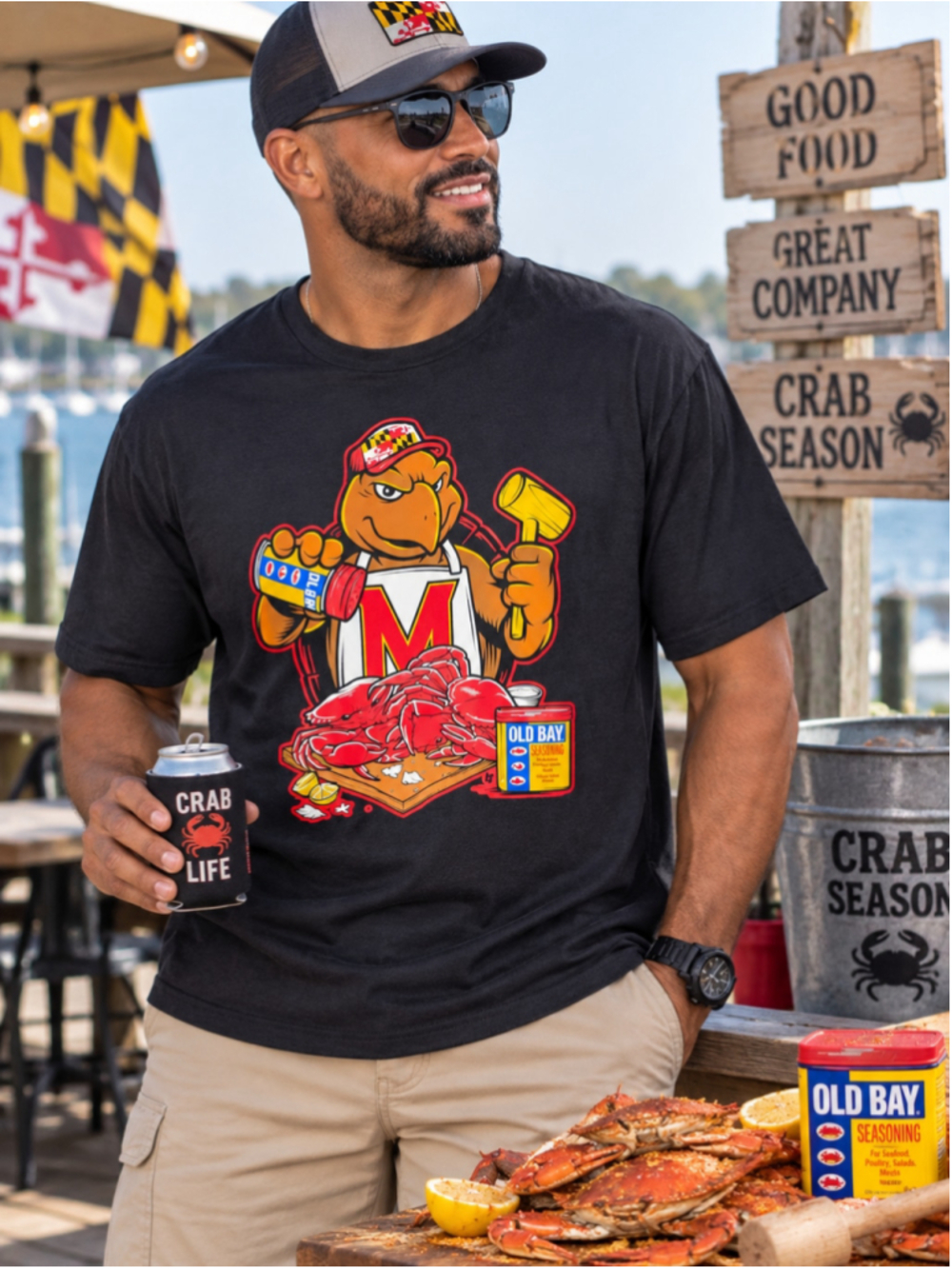 BreakingT Maryland Terrapins Old Bay Crab Graphic T-Shirt Black Men's Size XL